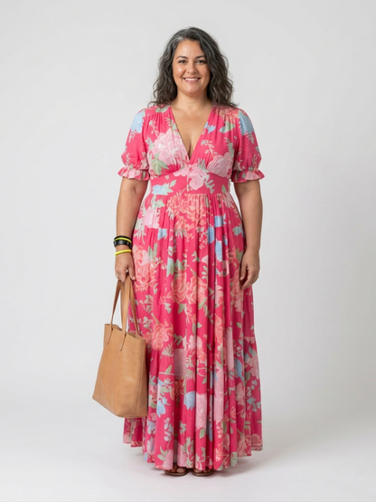 Ione | Vestido Midi Floral con Escote en V y Manga Corta