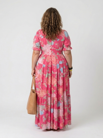 Ione | Vestido Midi Floral con Escote en V y Manga Corta