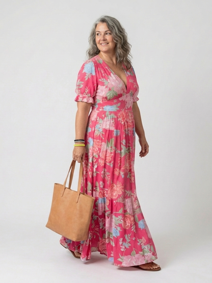 Ione | Vestido Midi Floral con Escote en V y Manga Corta