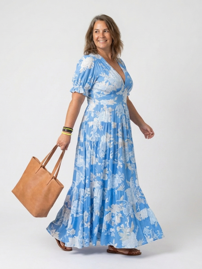 Ione | Vestido Midi Floral con Escote en V y Manga Corta