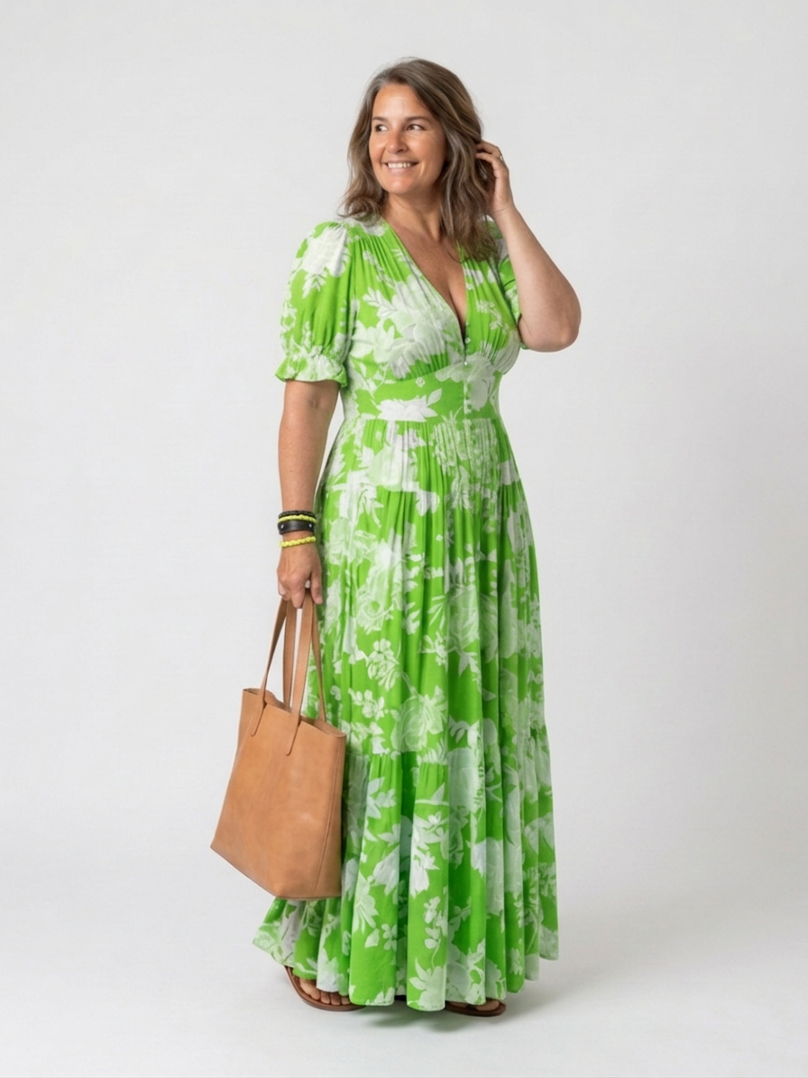 Ione | Vestido Midi Floral con Escote en V y Manga Corta