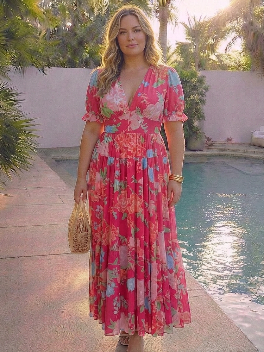 Ione | Vestido Midi Floral con Escote en V y Manga Corta