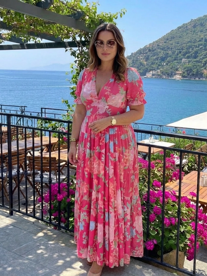 Ione | Vestido Midi Floral con Escote en V y Manga Corta