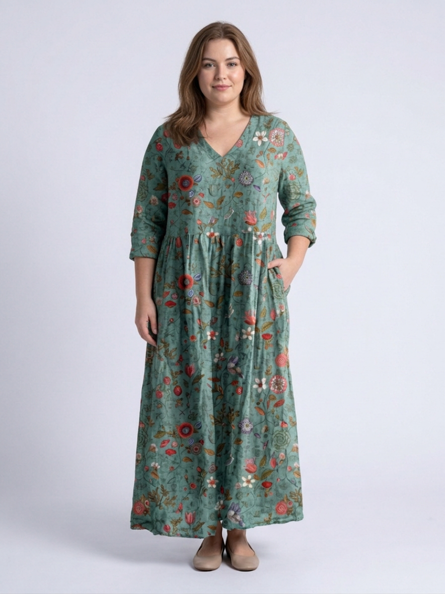 Marina | Floral V Neck Three Quarter Sleeve Maxi Dress