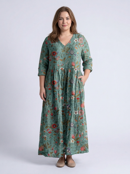 Marina | Floral V Neck Three Quarter Sleeve Maxi Dress