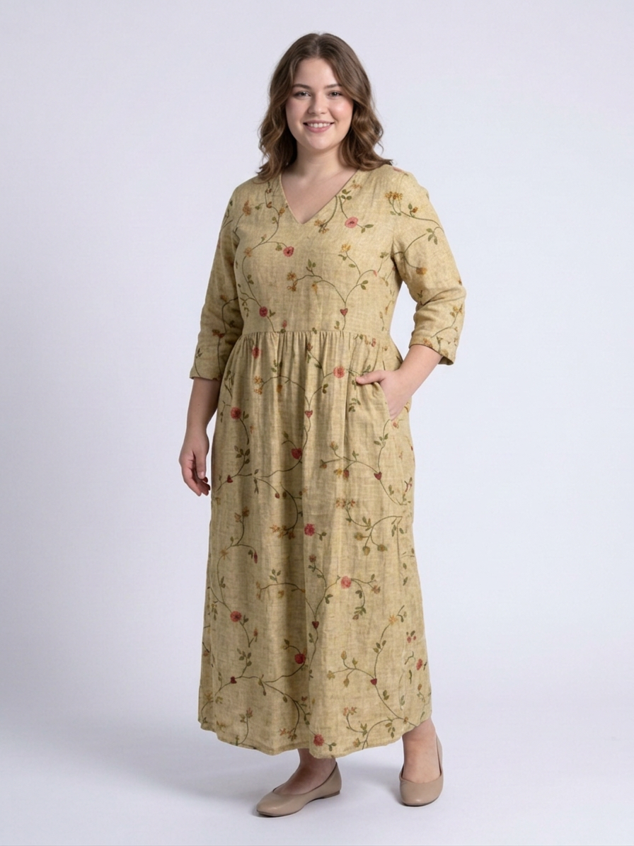 Marina | Floral V Neck Three Quarter Sleeve Maxi Dress