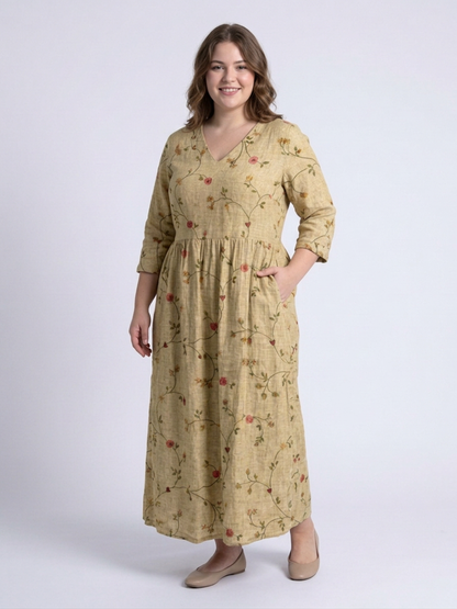 Marina | Floral V Neck Three Quarter Sleeve Maxi Dress