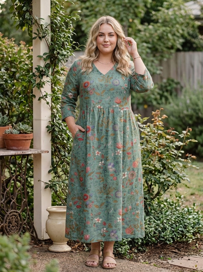 Marina | Floral V Neck Three Quarter Sleeve Maxi Dress