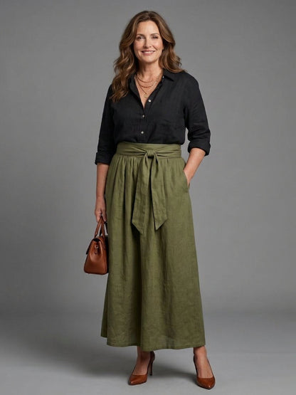 Vera | Conjunto Dos Piezas Blusa Negra y Falda Midi Verde Oliva