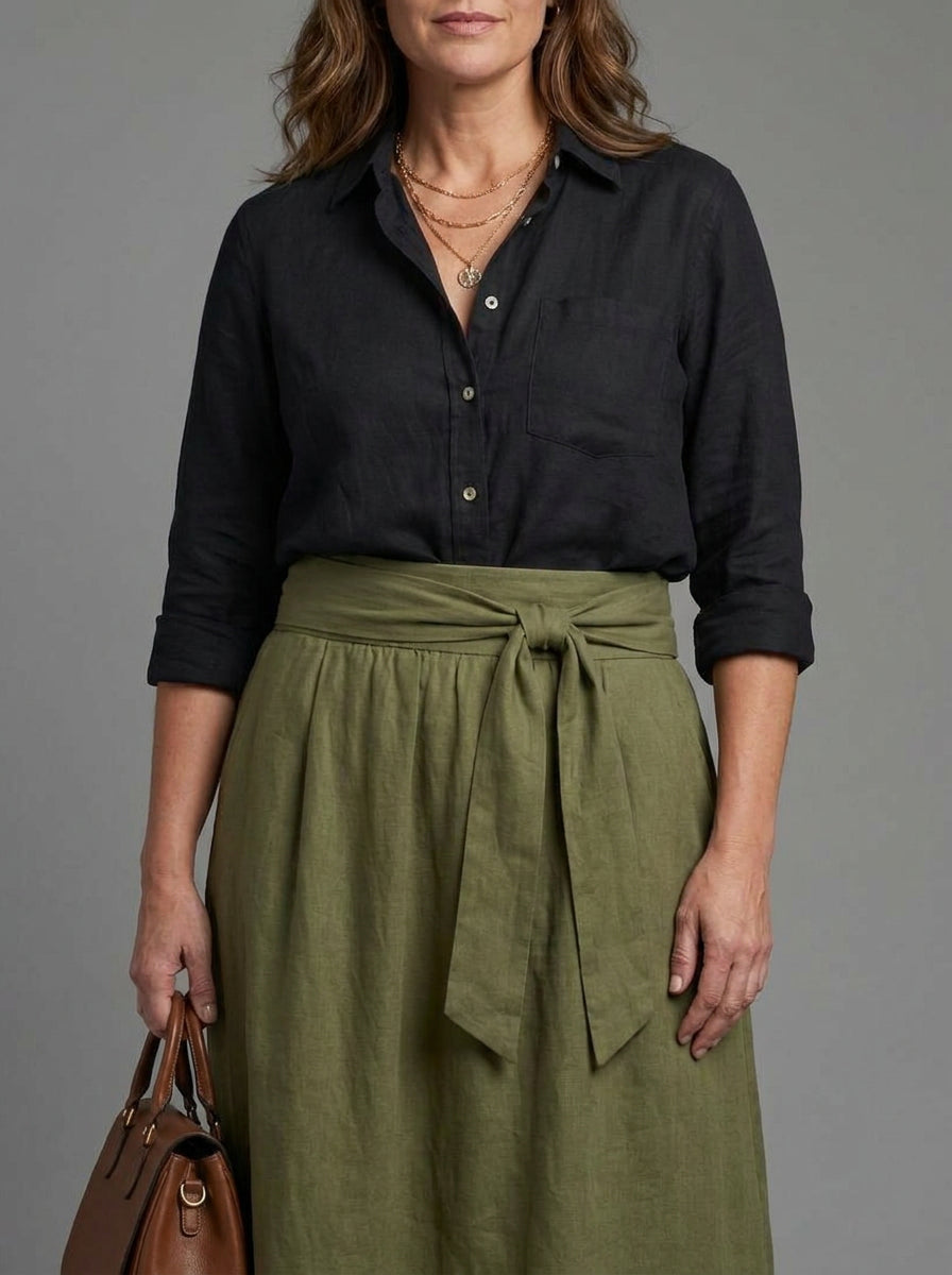 Vera | Conjunto Dos Piezas Blusa Negra y Falda Midi Verde Oliva
