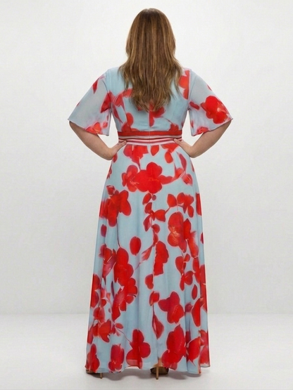 Corinne | V Neck Short Sleeve Floral Maxi Dress