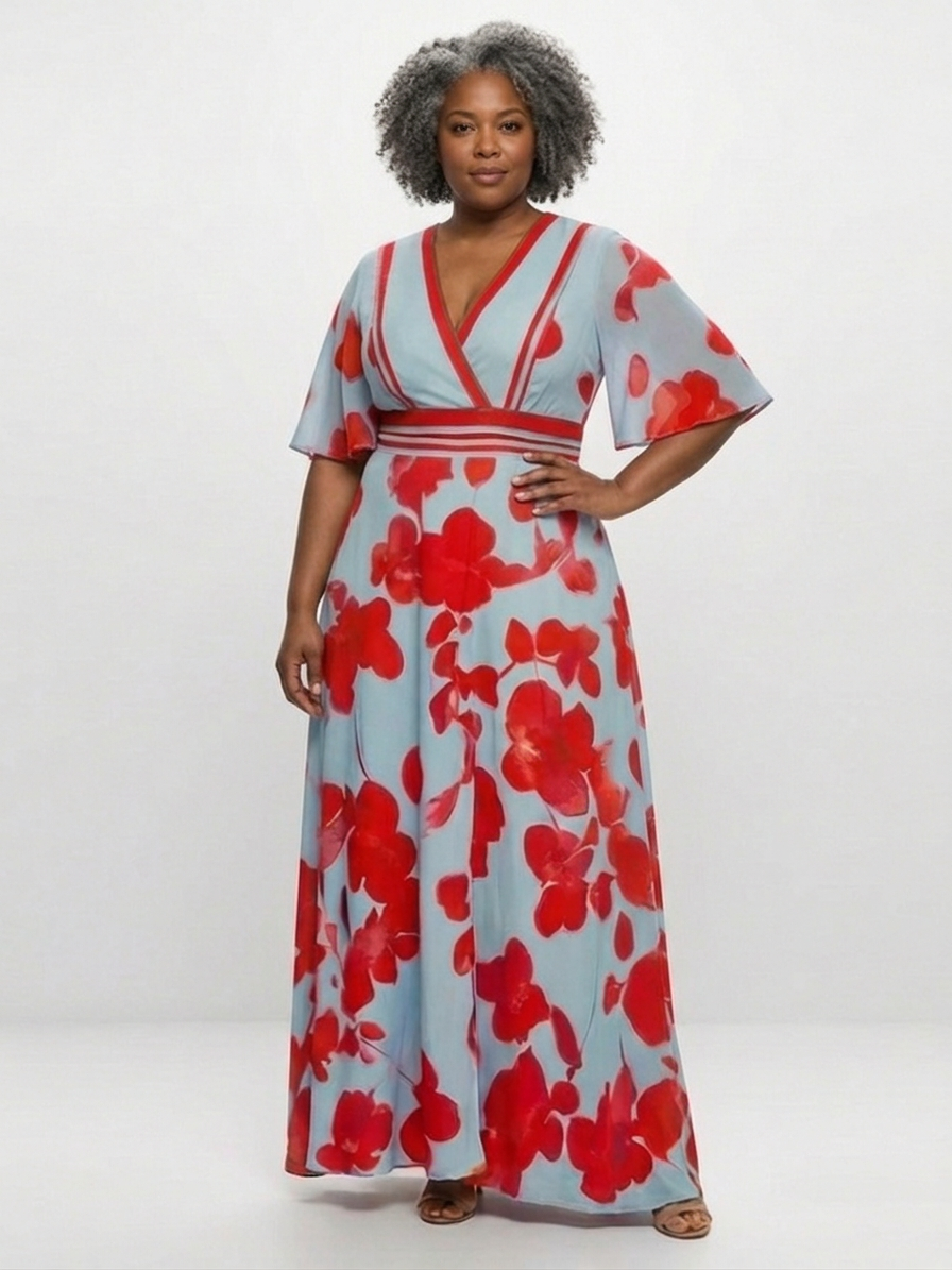 Corinne | V Neck Short Sleeve Floral Maxi Dress