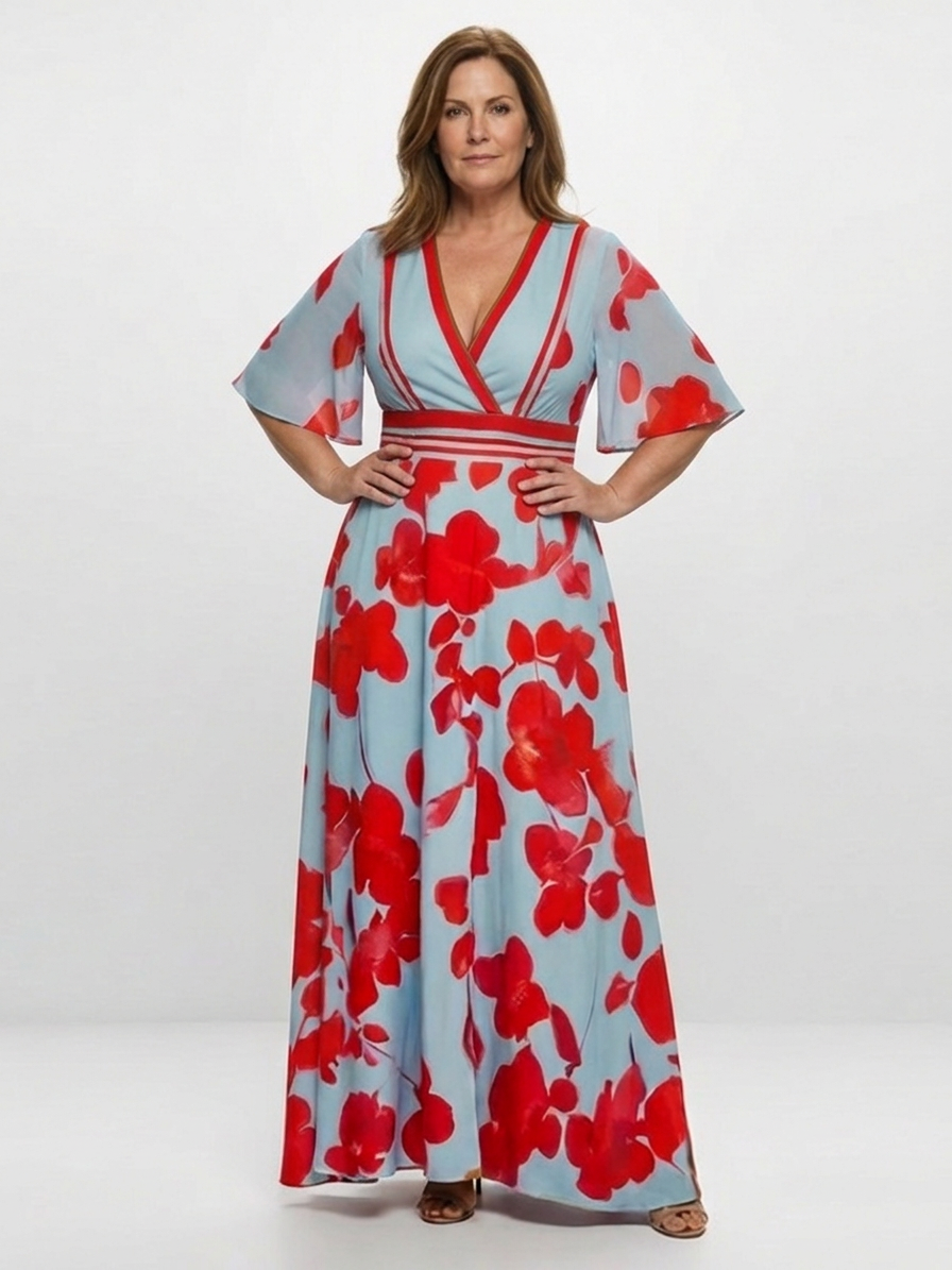 Corinne | V Neck Short Sleeve Floral Maxi Dress