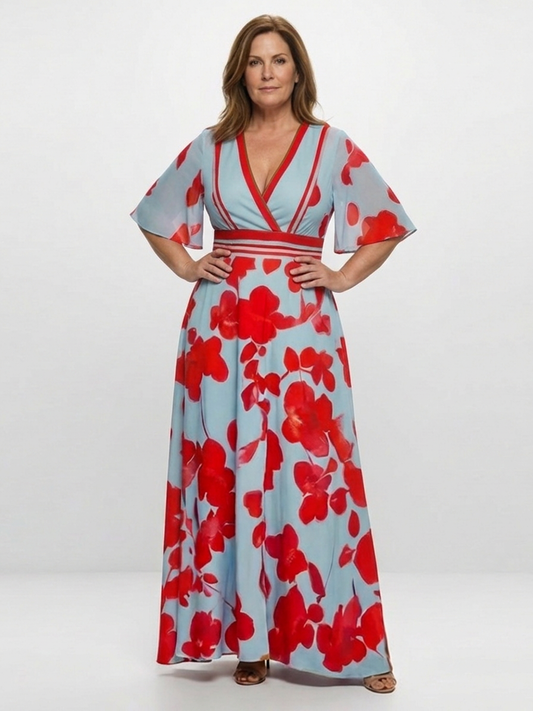 Corinne | V Neck Short Sleeve Floral Maxi Dress