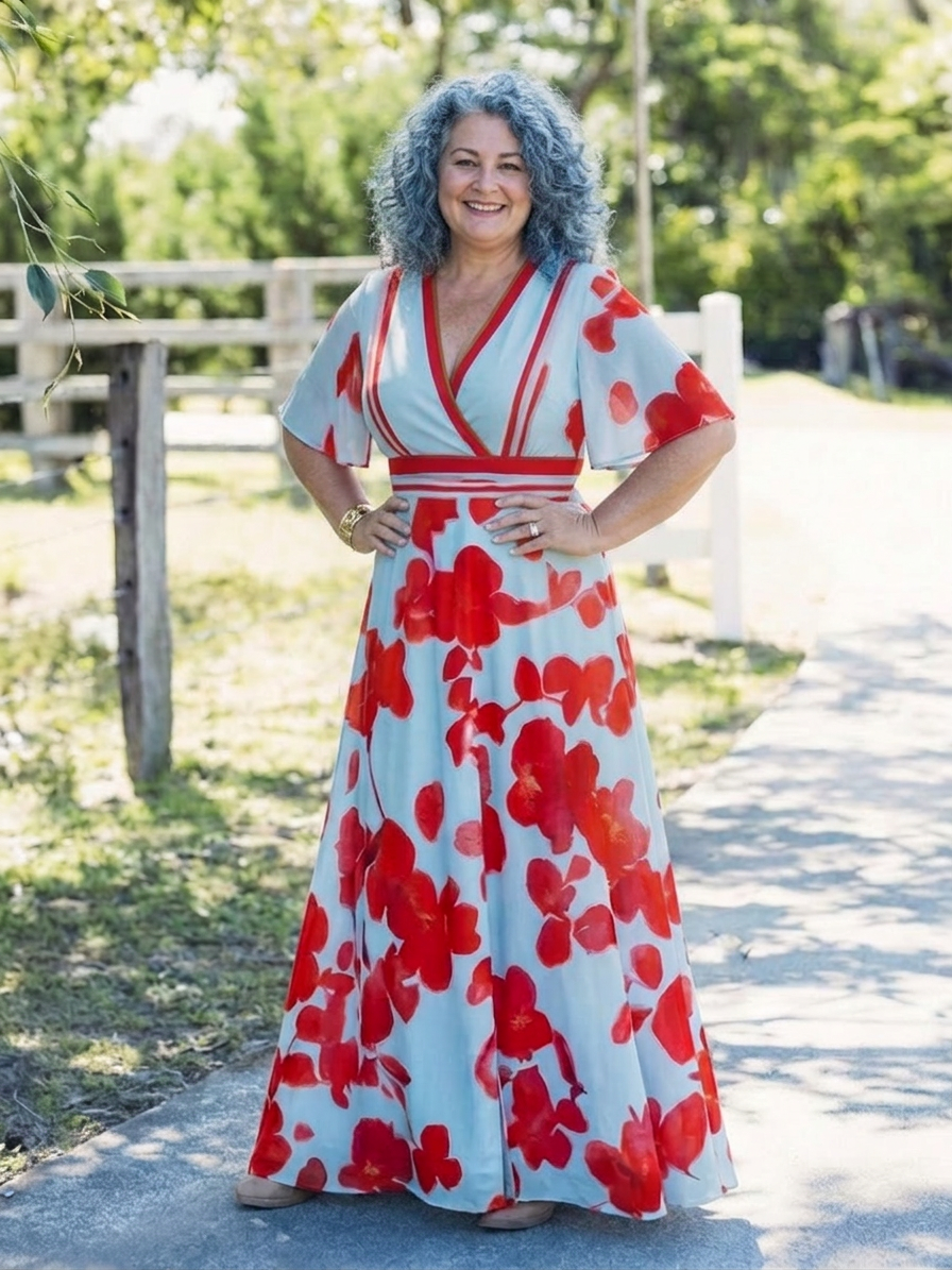 Corinne | V Neck Short Sleeve Floral Maxi Dress