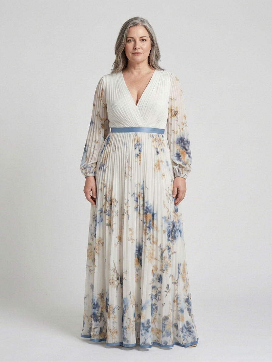 Lavinia | Vestido Maxi Floral con Escote en V y Manga Larga