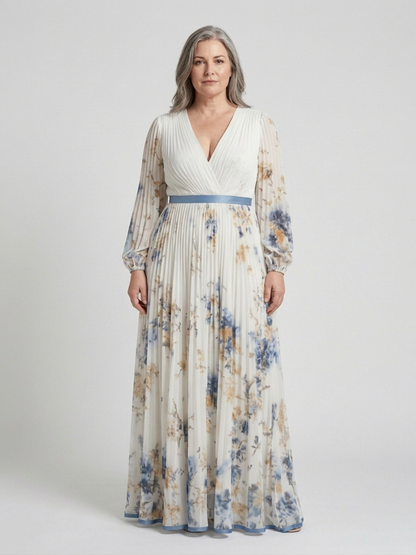 Lavinia | Vestido Maxi Floral con Escote en V y Manga Larga