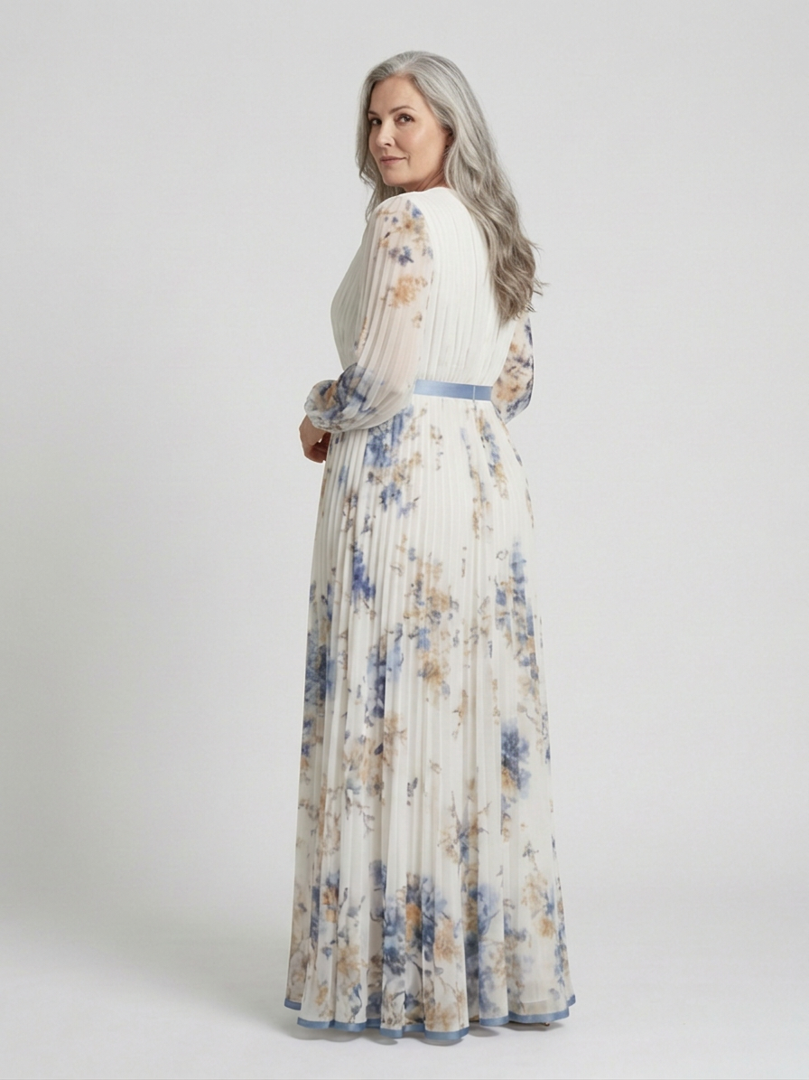 Lavinia | Vestido Maxi Floral con Escote en V y Manga Larga