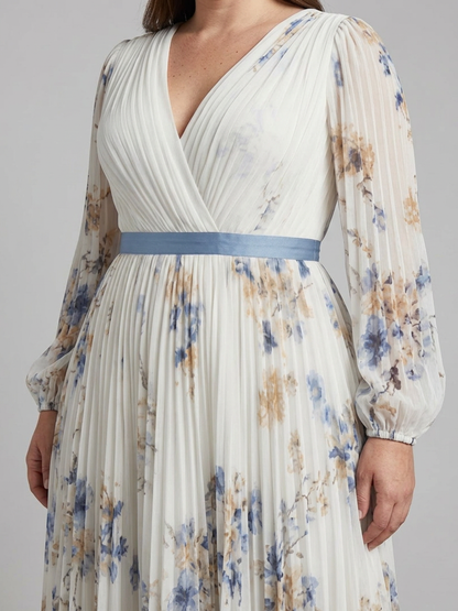 Lavinia | Vestido Maxi Floral con Escote en V y Manga Larga