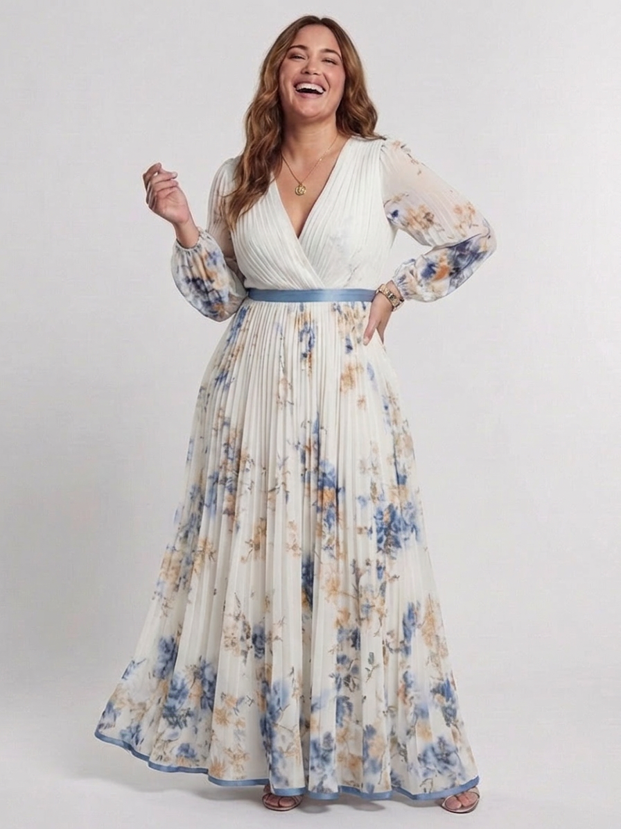 Lavinia | Vestido Maxi Floral con Escote en V y Manga Larga