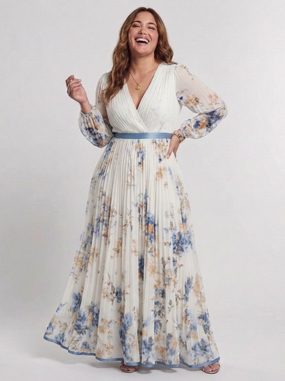 Lavinia | Vestido Maxi Floral con Escote en V y Manga Larga