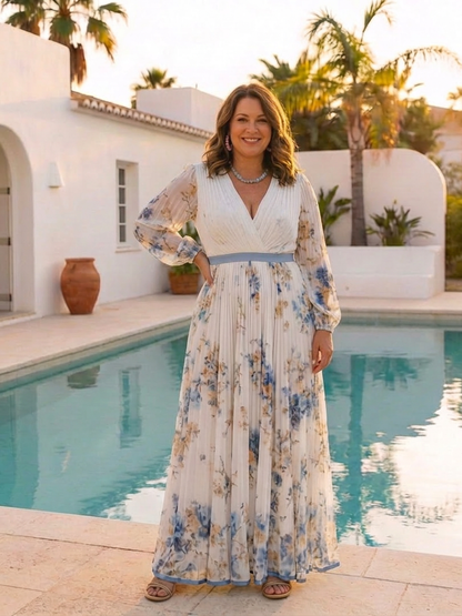 Lavinia | Vestido Maxi Floral con Escote en V y Manga Larga