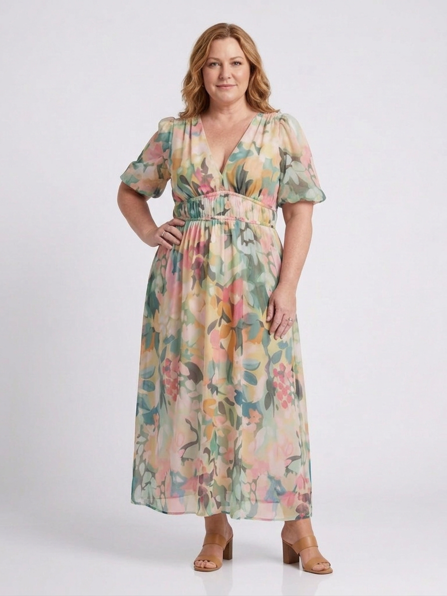Eulalie | Vestido Midi con Cintura Fruncida y Escote en V