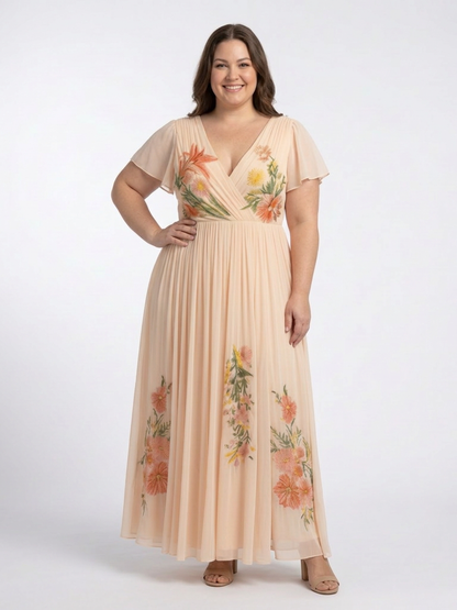 Calista | Vestido Maxi Floral Plisado con Escote en V