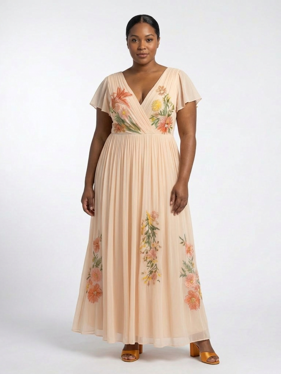 Calista | Vestido Maxi Floral Plisado con Escote en V