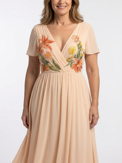 Calista | Vestido Maxi Floral Plisado con Escote en V
