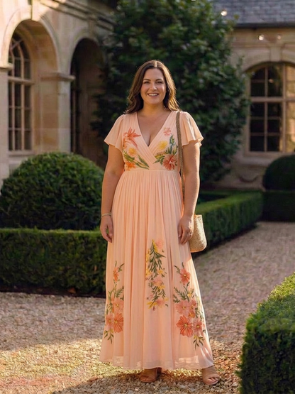 Calista | Vestido Maxi Floral Plisado con Escote en V