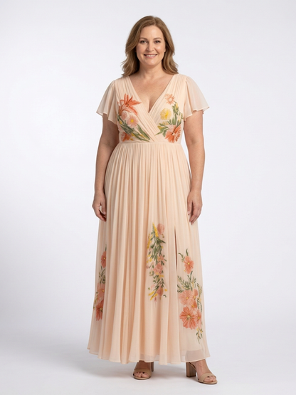 Calista | Vestido Maxi Floral Plisado con Escote en V