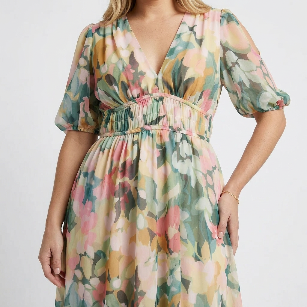 Eulalie | Vestido Midi con Cintura Fruncida y Escote en V