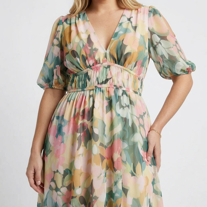 Eulalie | Vestido Midi con Cintura Fruncida y Escote en V