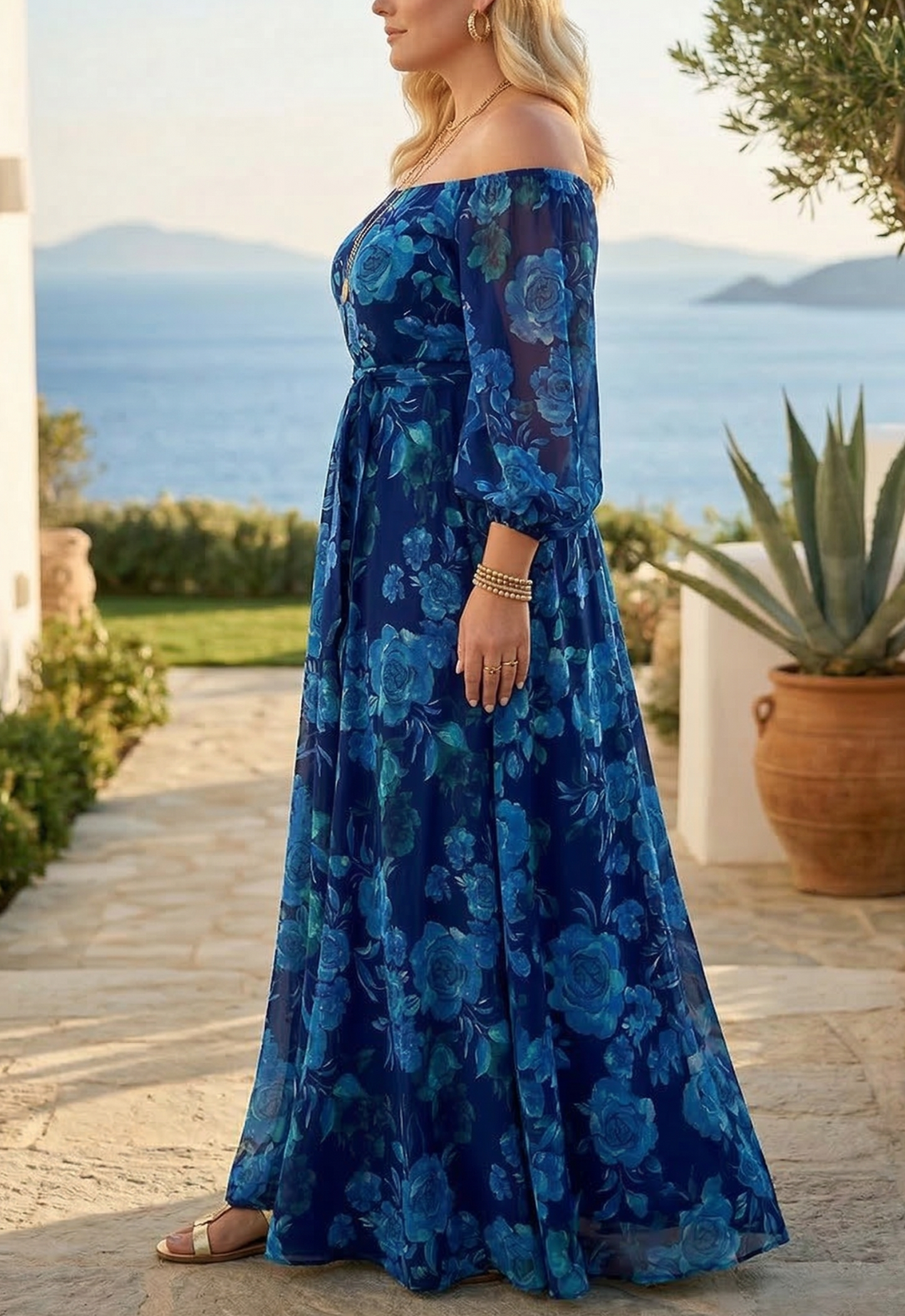 Francesca | Vestido Largo con Estampado Floral y Hombros Descubiertos